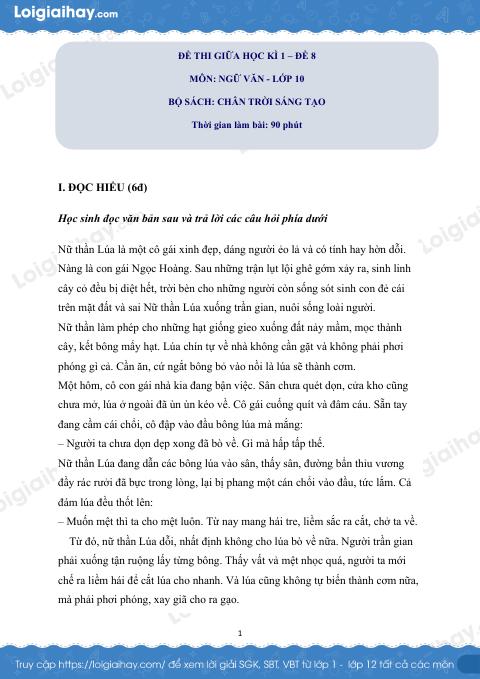 Đề thi giữa kì 1 Văn 10 Chân trời sáng tạo - Đề số 8